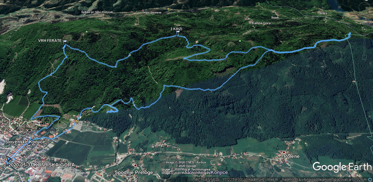 Pot po Konjiški gori, kot jo prikaže Google Earth
